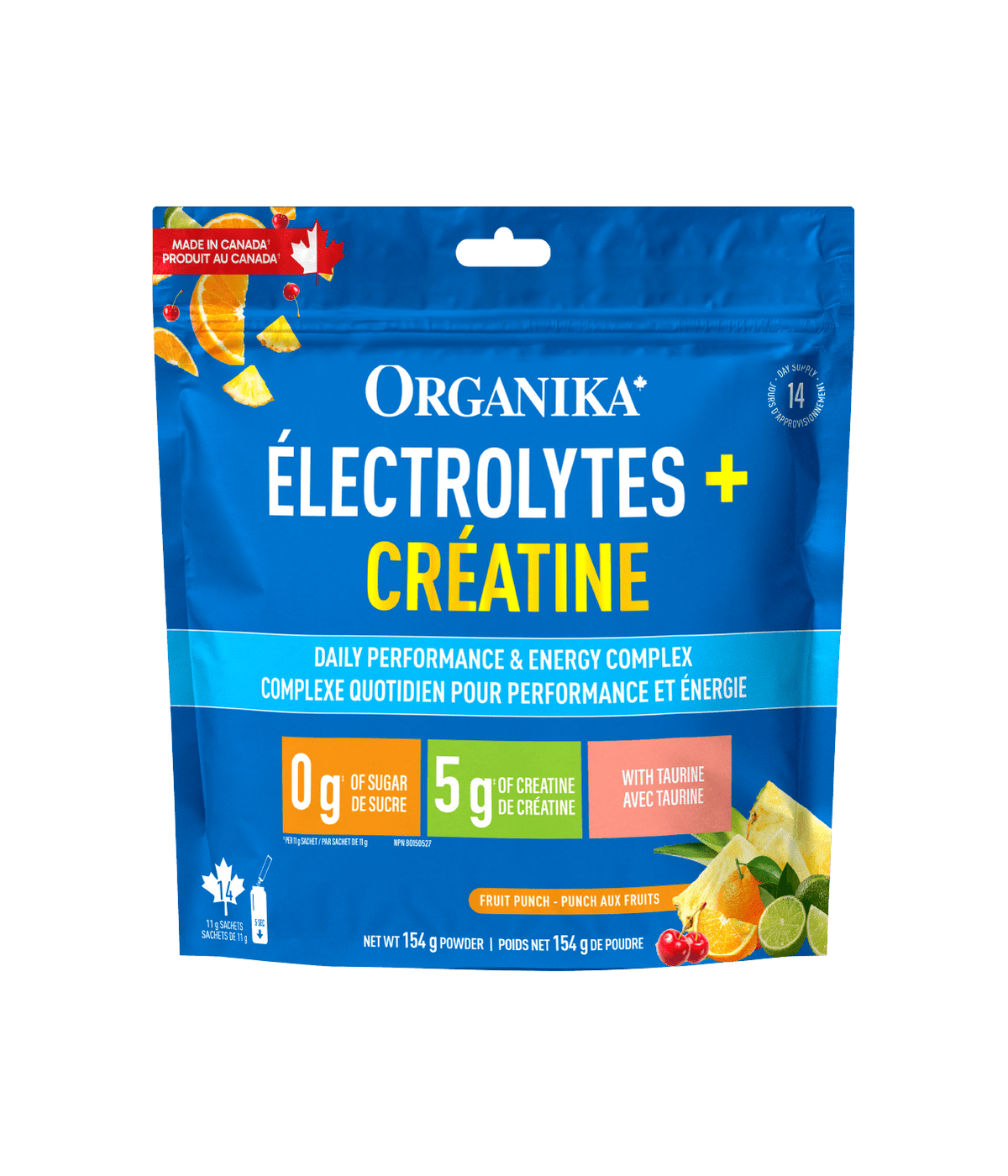 Electrolytes + Creatine + Taurine Sachets - Fruit Punch - 11g x 14 servings - Organika Health Products