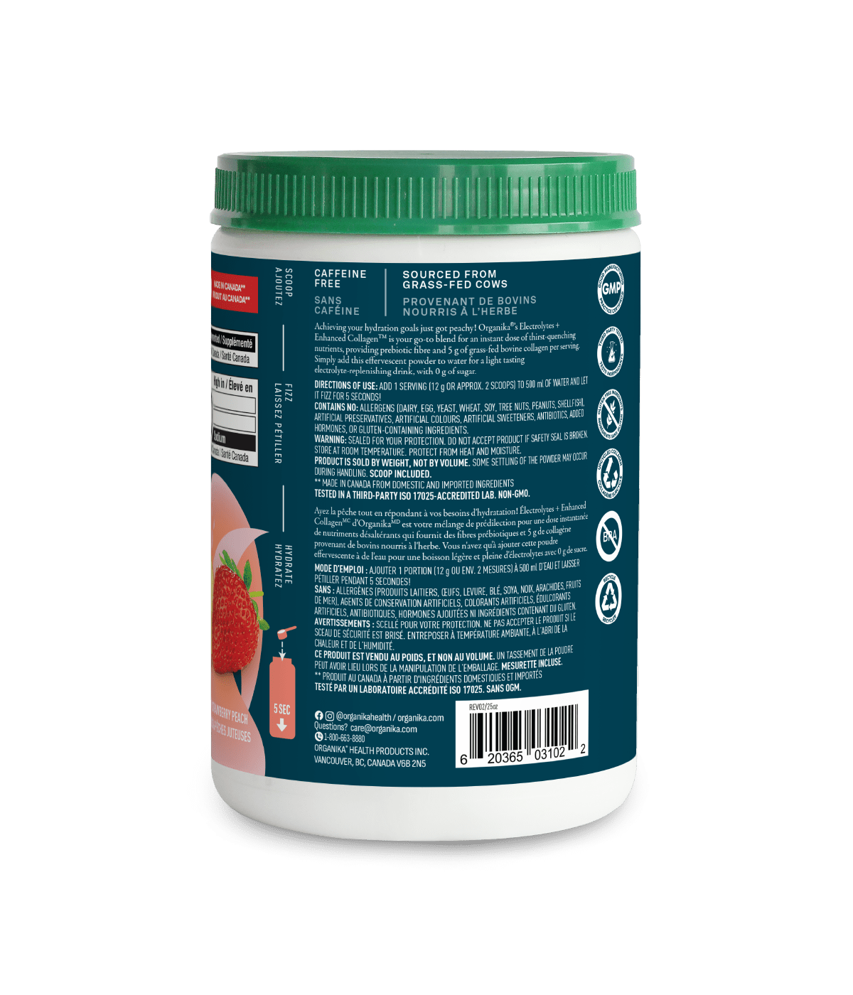 Electrolytes + Enhanced Collagen - Juicy Strawberry Peach 360 g - Juicy Strawberry Peach - Organika Health Products