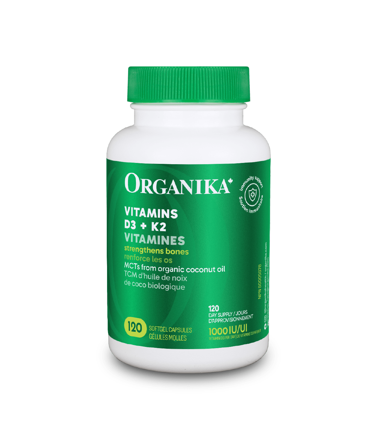 Vitamins D3 + K2 - 120 Softgel Capsules - Organika Health Products