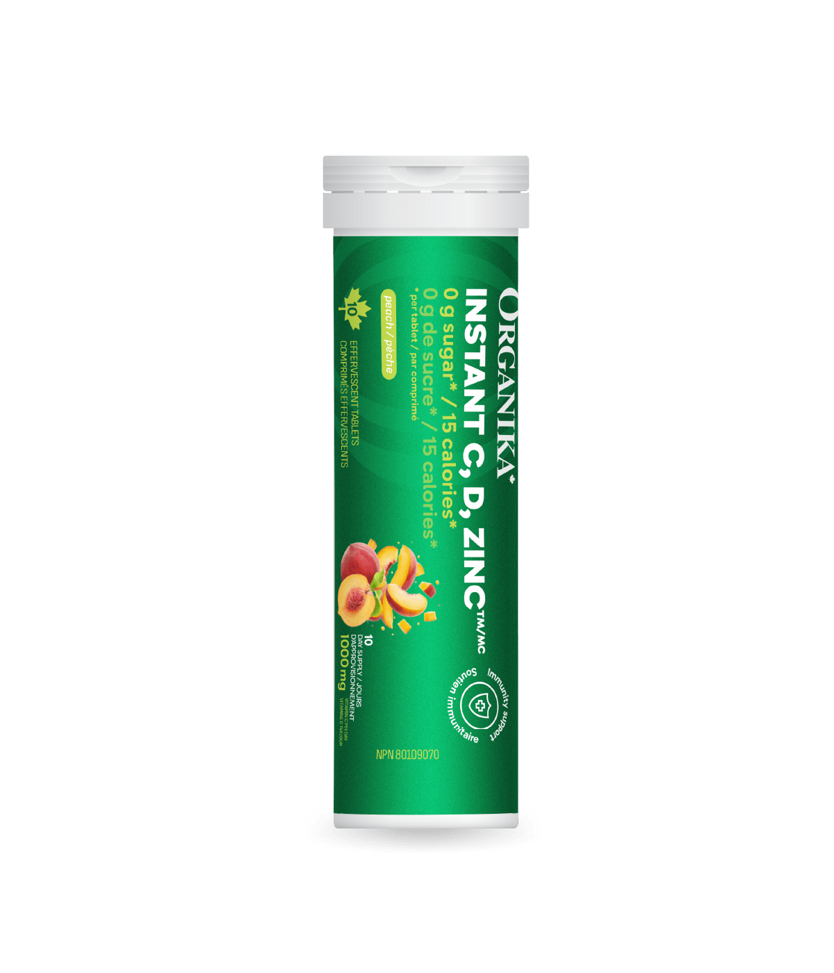 Instant C, D, Zinc Immunity Effervescent - Peach - Single Tube - Organika Health Products