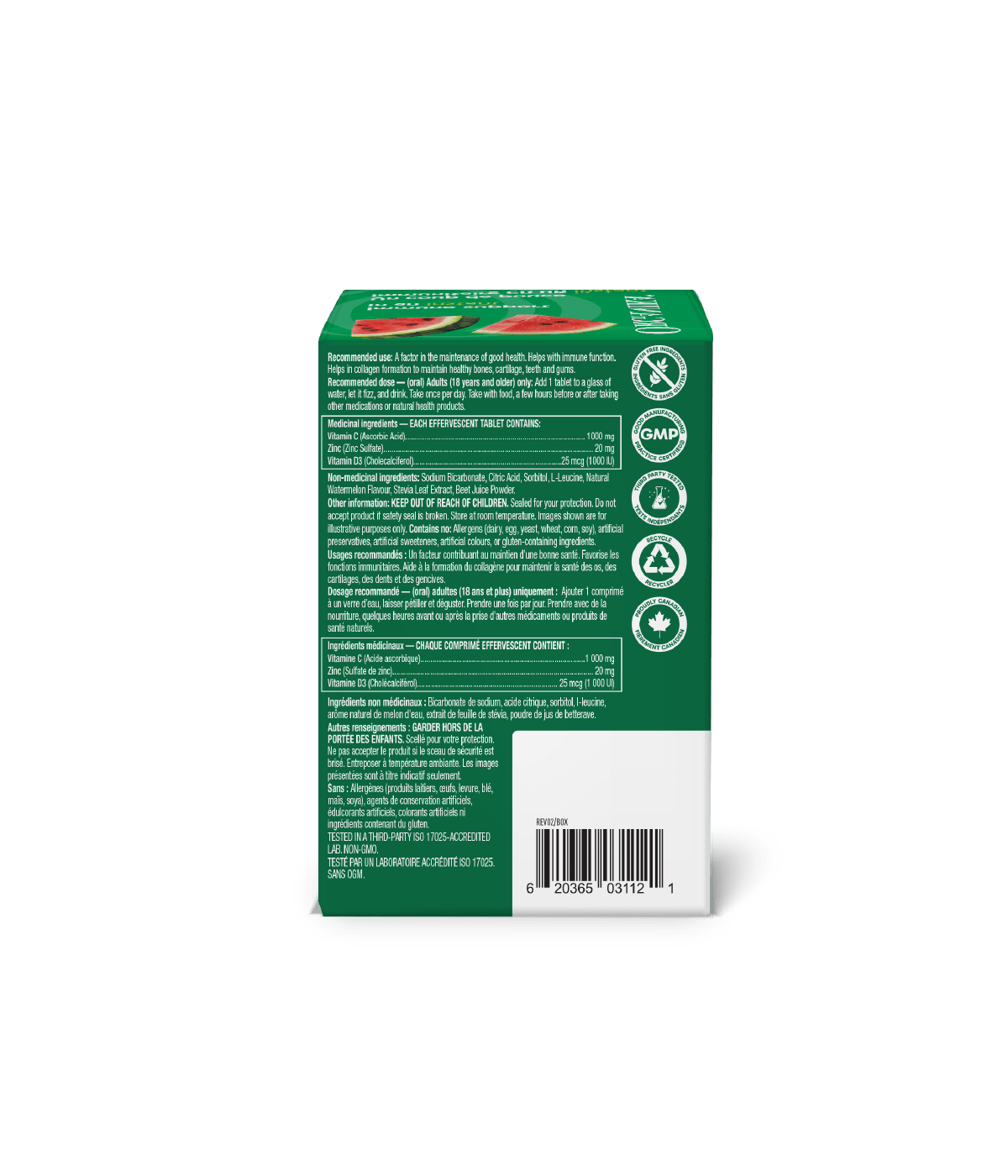 Instant C, D, Zinc Immunity Effervescent - Watermelon - Box (8 Tubes) - Organika Health Products