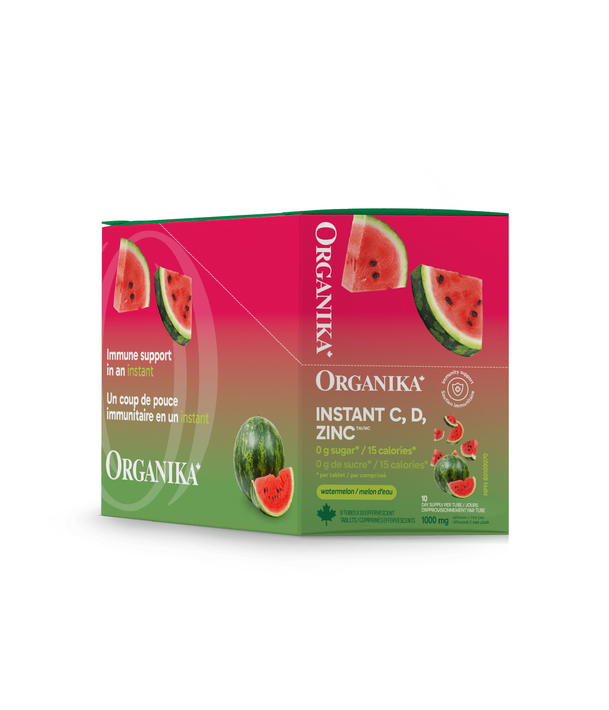 Instant C, D, Zinc Immunity Effervescent - Watermelon - Box (8 Tubes) - Organika Health Products