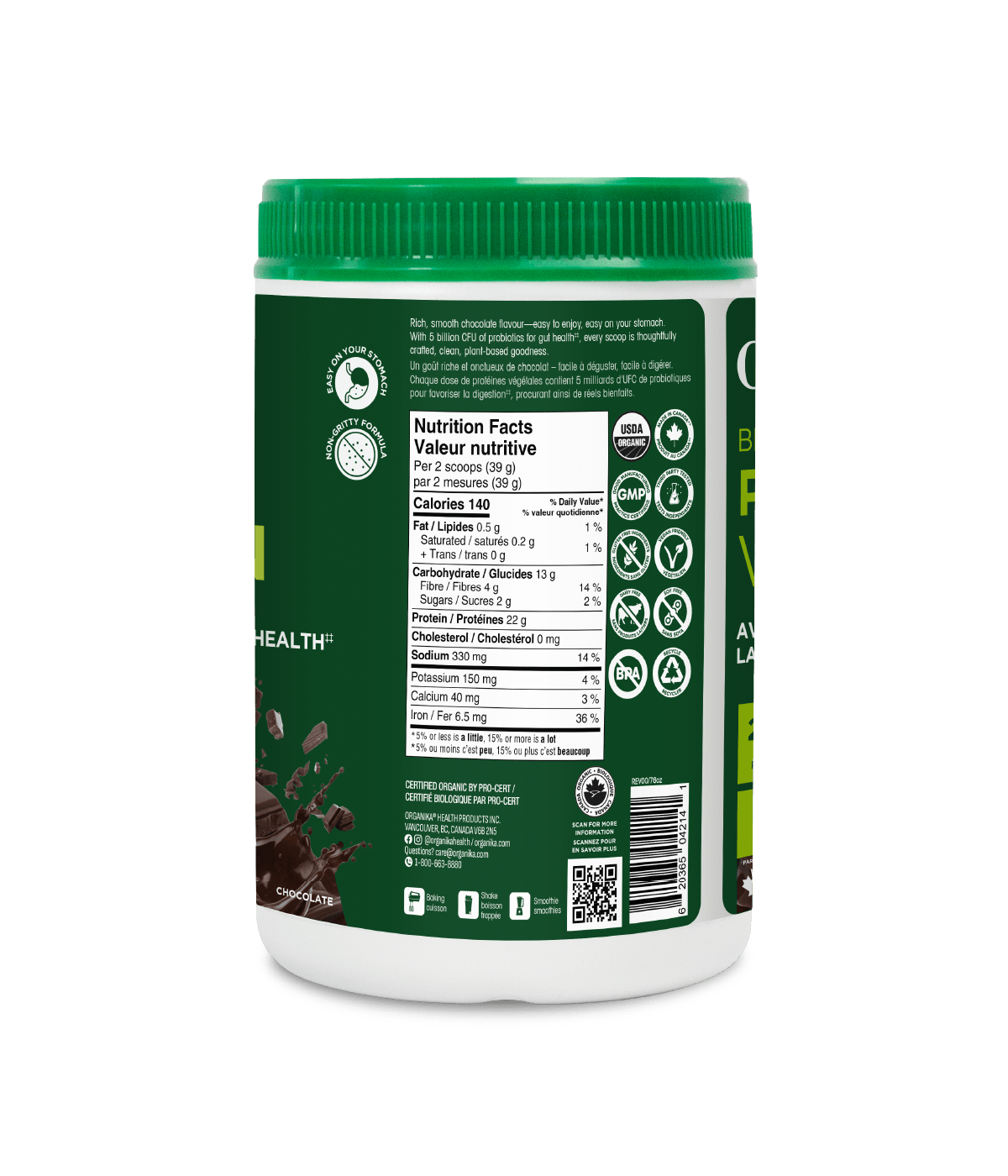 Organic Plant Protein with Probiotics for Gut Health - Chocolate - Chocolate - Organika Health Products
