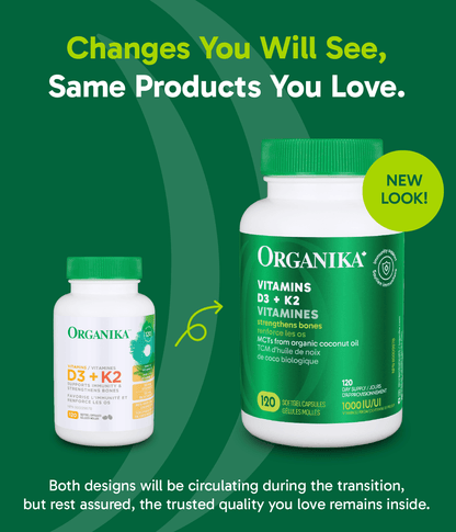 Vitamins D3 + K2 - 120 Softgel Capsules - Organika Health Products