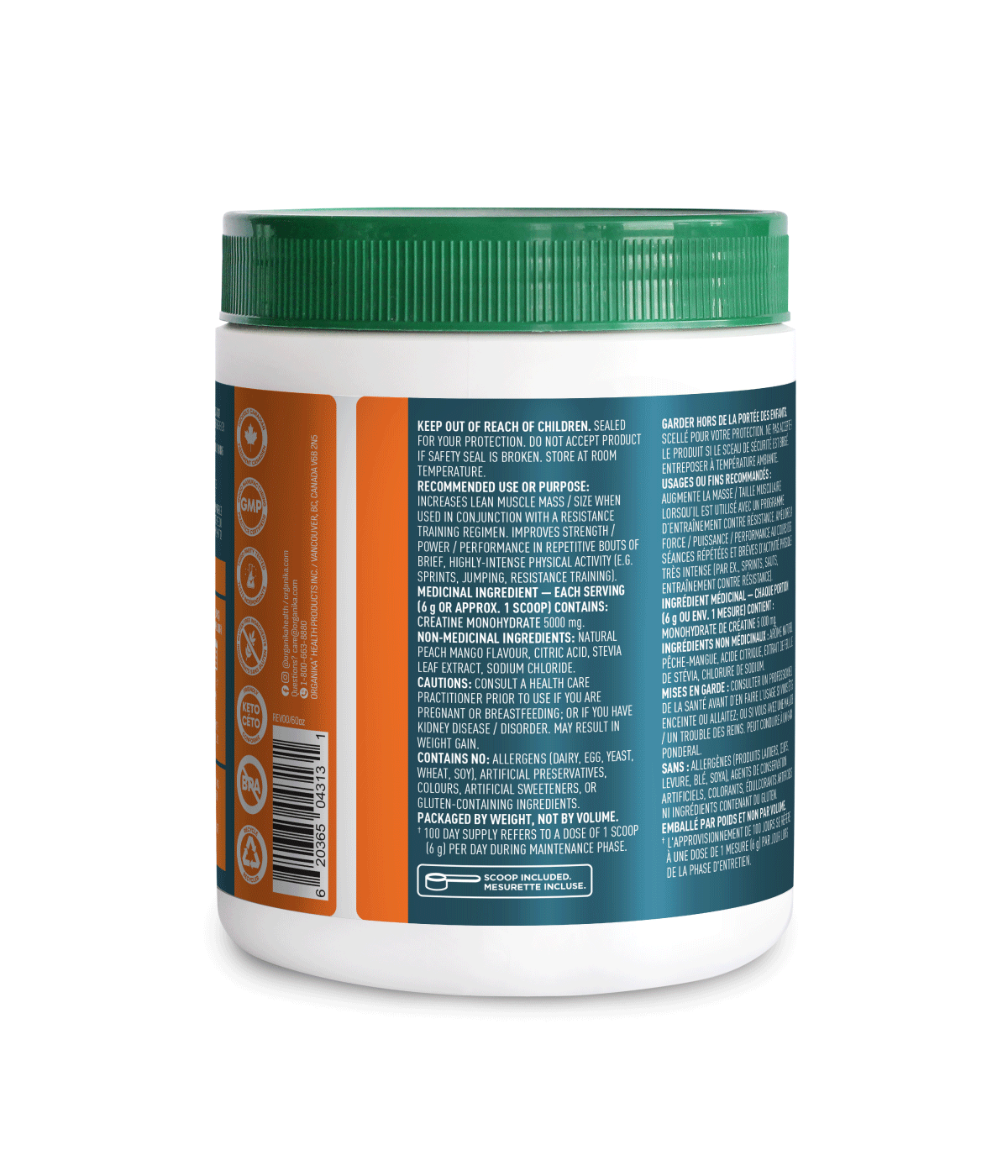 Creatine Powder - Peach Mango - 600 g - Organika Health Products