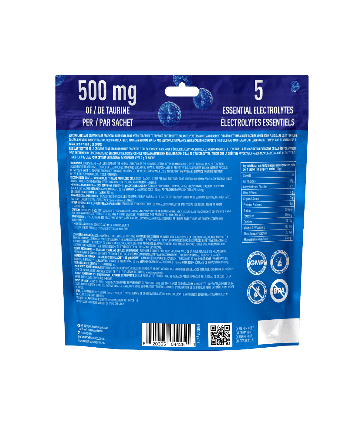 Electrolytes + Creatine + Taurine Sachets - Blue Raspberry - 11g x 14 servings - Organika Health Products