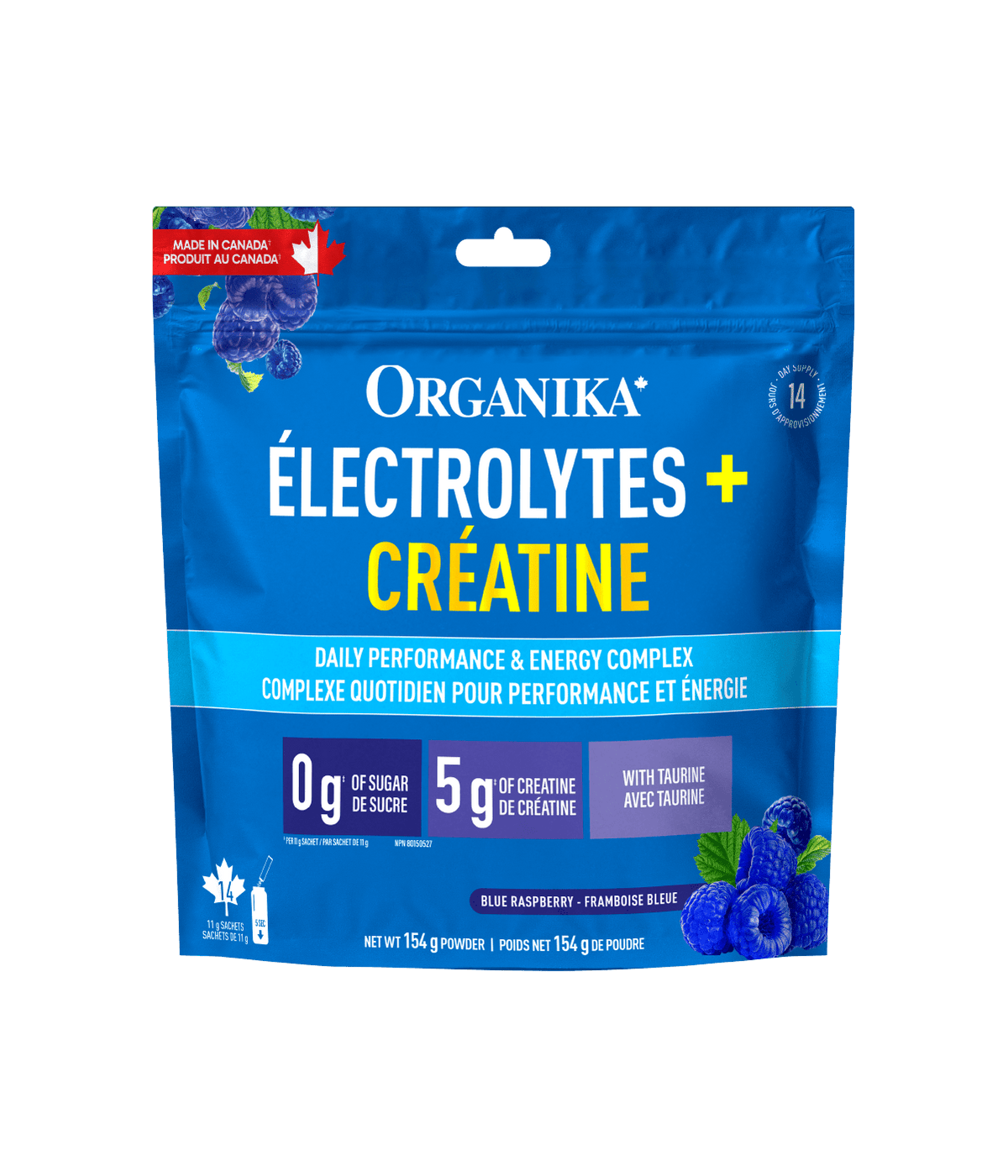 Electrolytes + Creatine + Taurine Sachets - Blue Raspberry - 11g x 14 servings - Organika Health Products