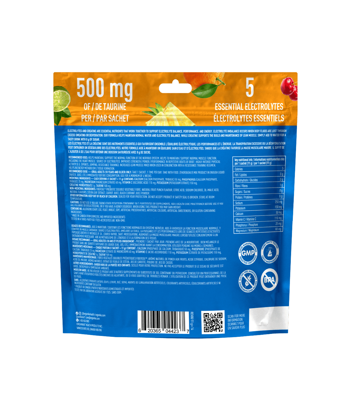 Electrolytes + Creatine + Taurine Sachets - Fruit Punch - 11g x 14 servings - Organika Health Products