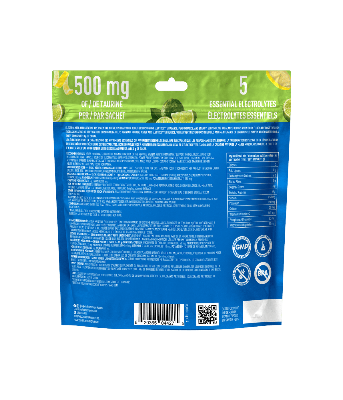 Electrolytes + Creatine + Taurine Sachets - Lemon Lime - 11g x 14 servings - Organika Health Products