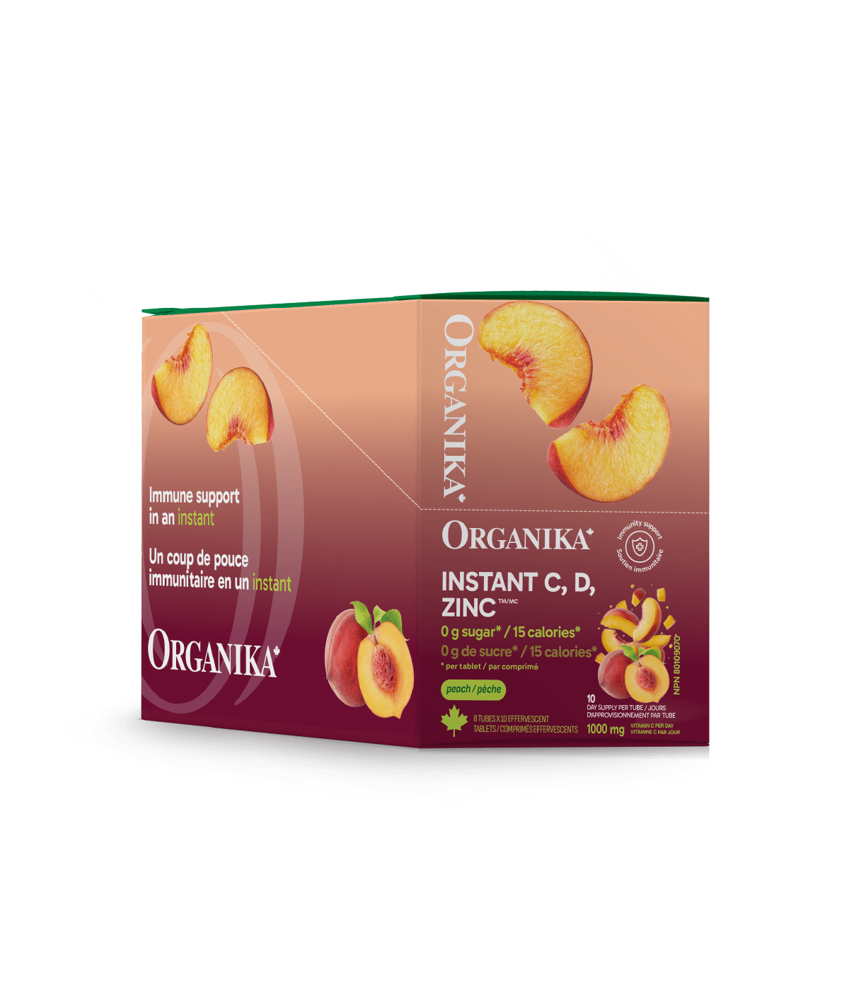 Instant C, D, Zinc Immunity Effervescent - Peach - Box (8 Tubes) - Organika Health Products