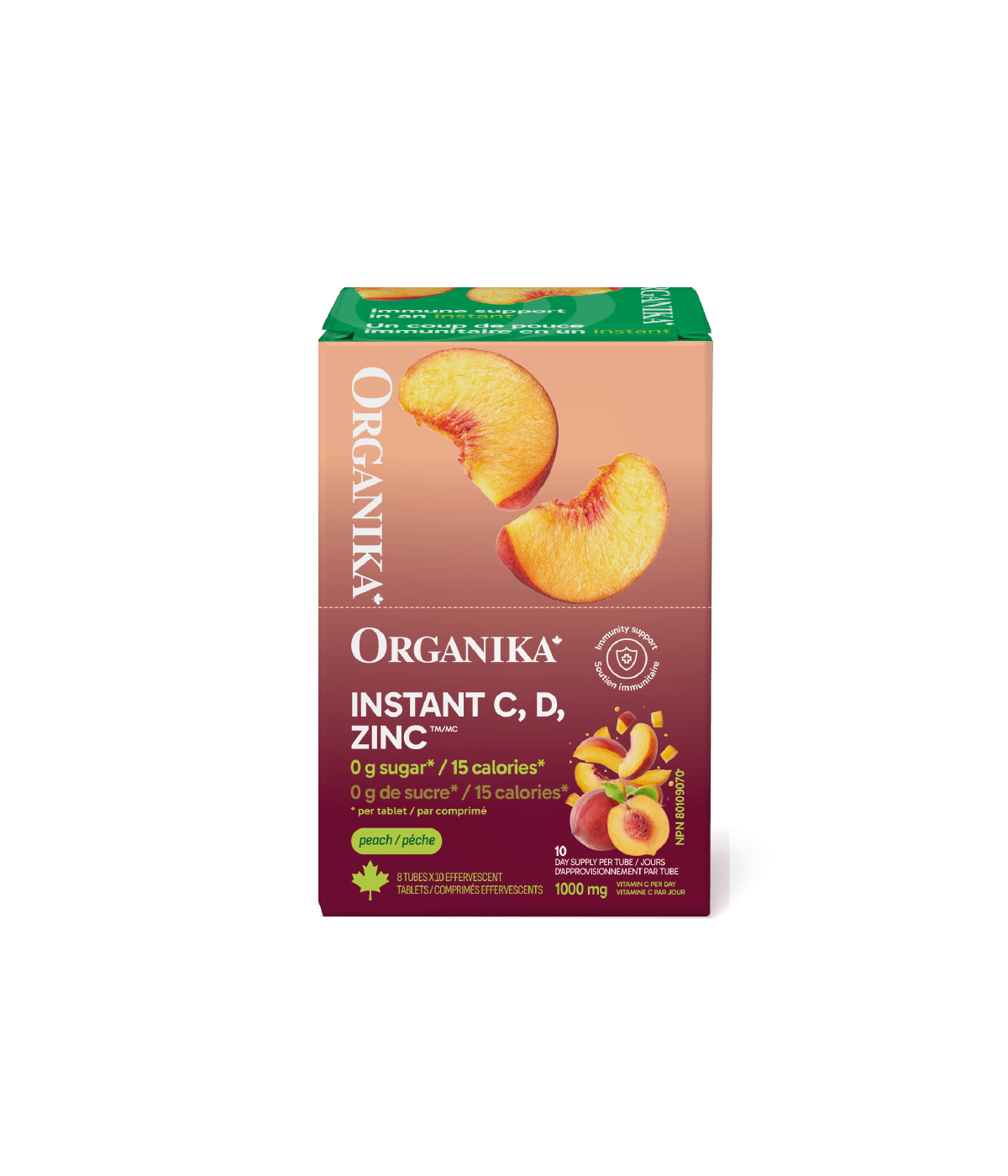 Instant C, D, Zinc Immunity Effervescent - Peach - Box (8 Tubes) - Organika Health Products