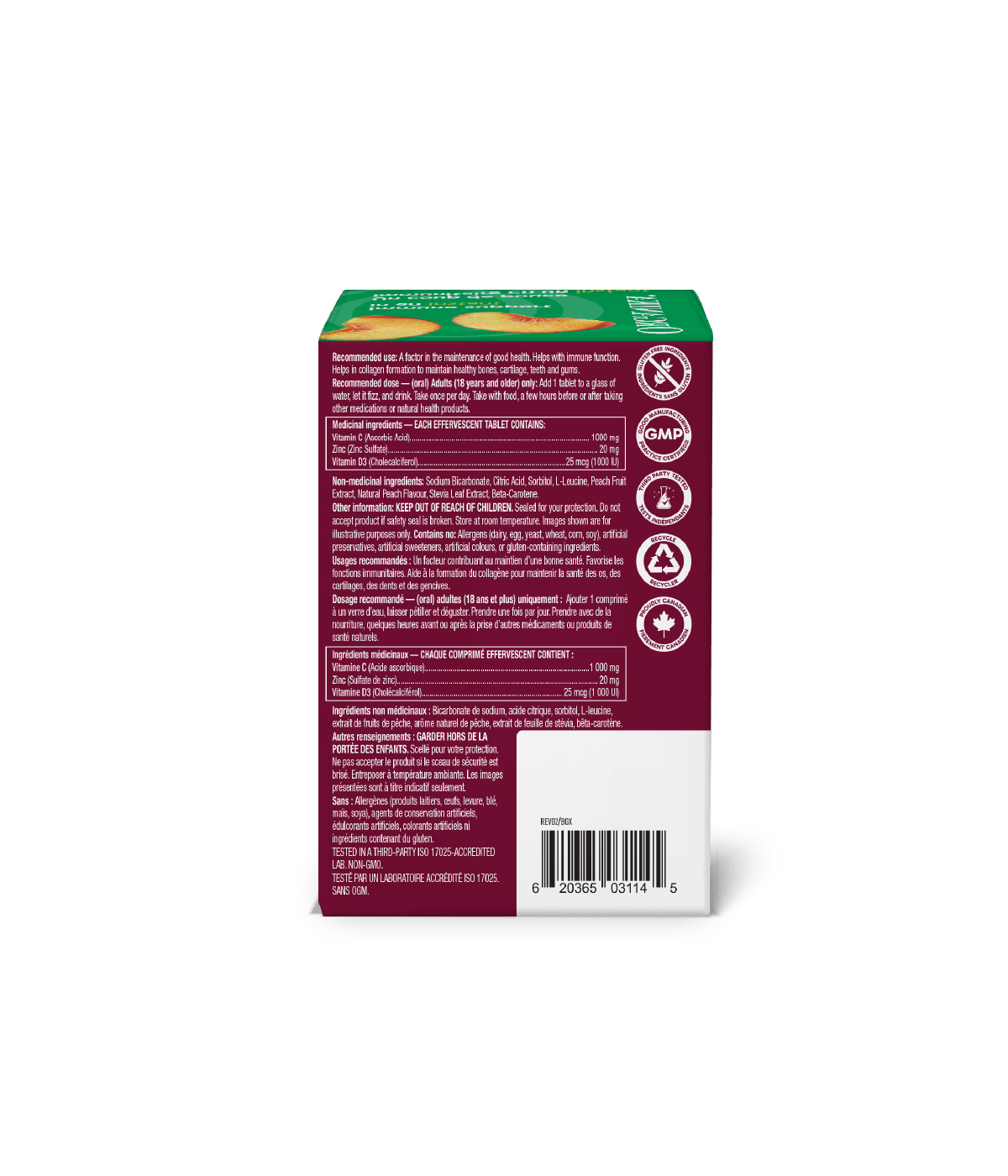 Instant C, D, Zinc Immunity Effervescent - Peach - Box (8 Tubes) - Organika Health Products