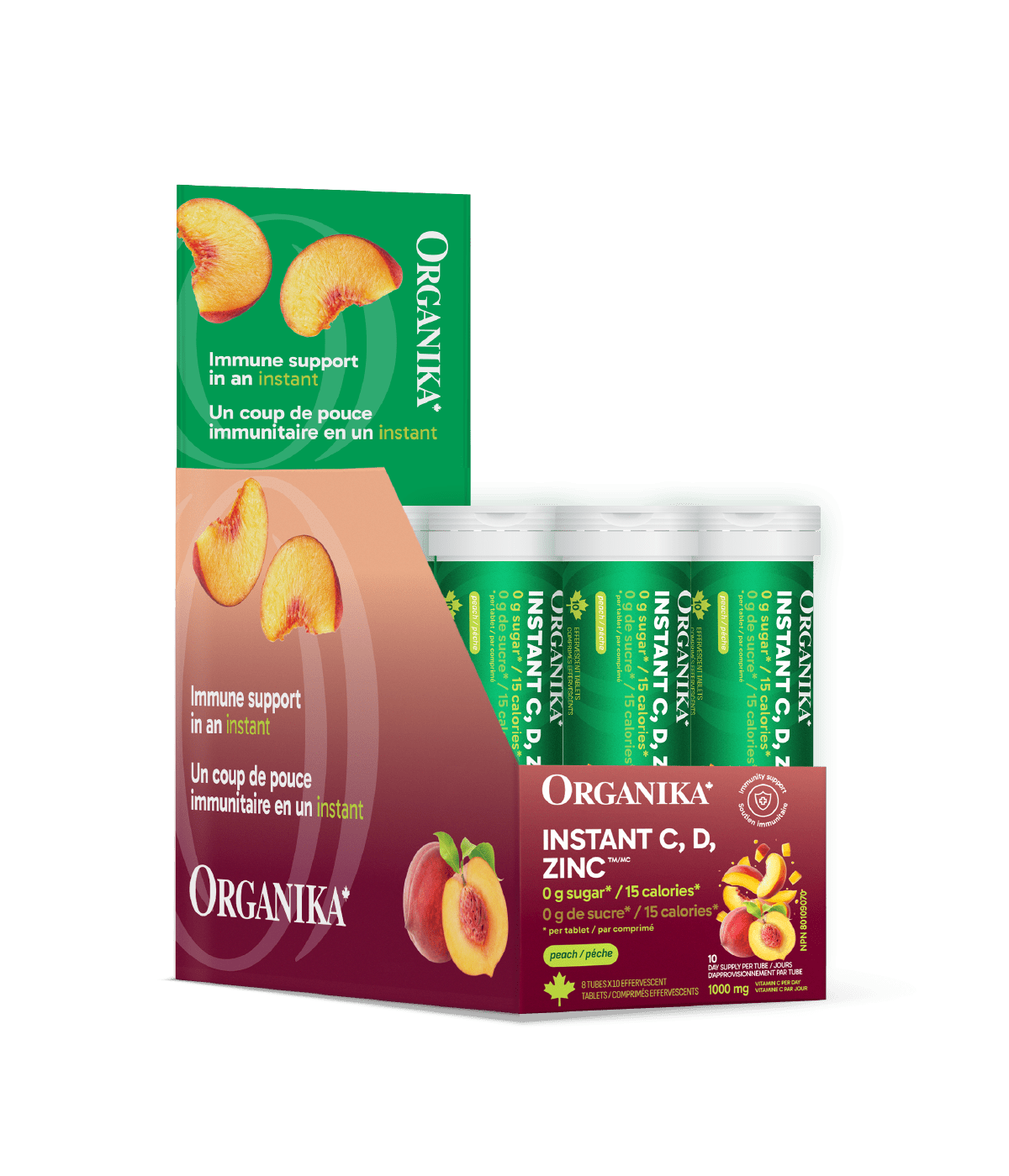 Instant C, D, Zinc Immunity Effervescent - Peach - Box (8 Tubes) - Organika Health Products