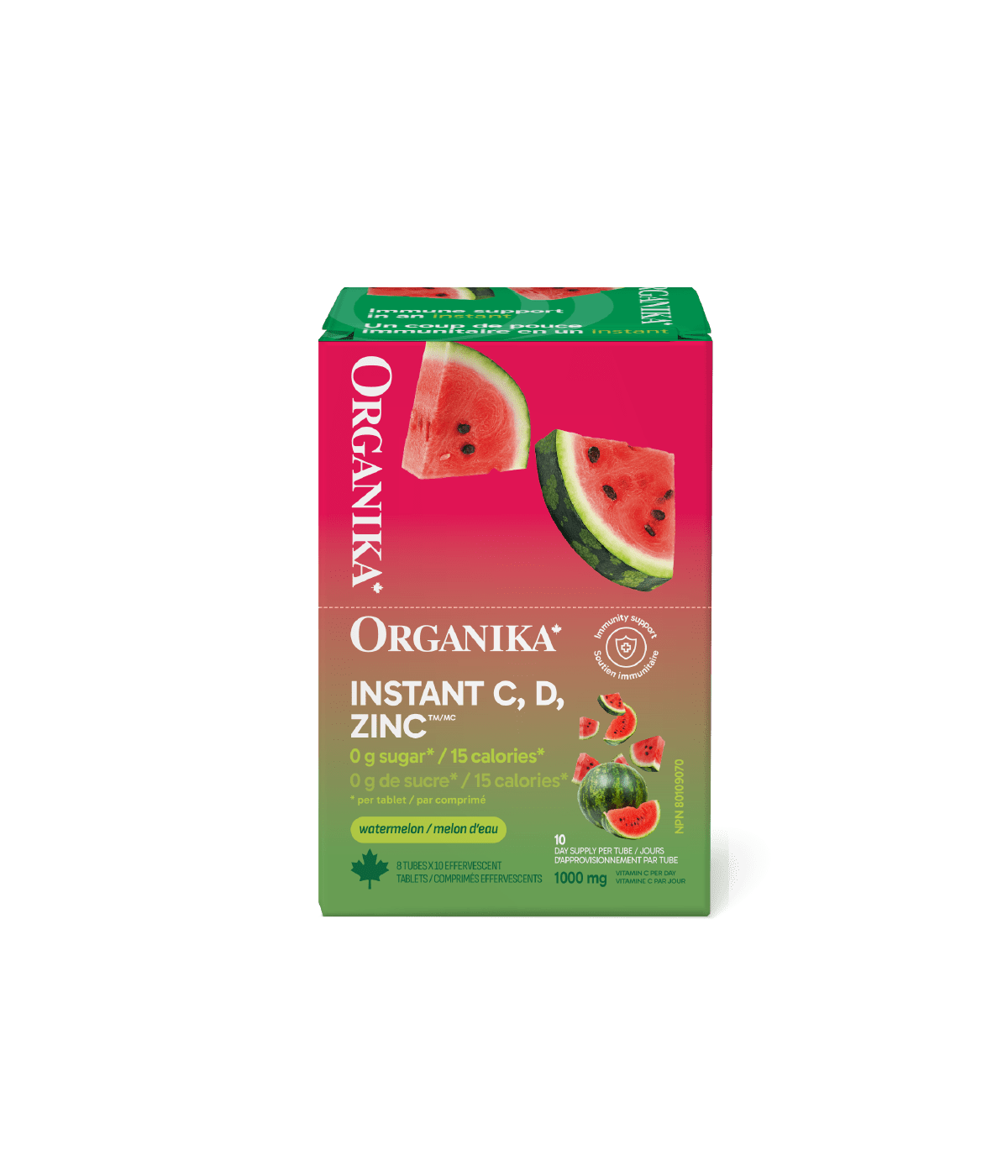 Instant C, D, Zinc Immunity Effervescent - Watermelon - Box (8 Tubes) - Organika Health Products