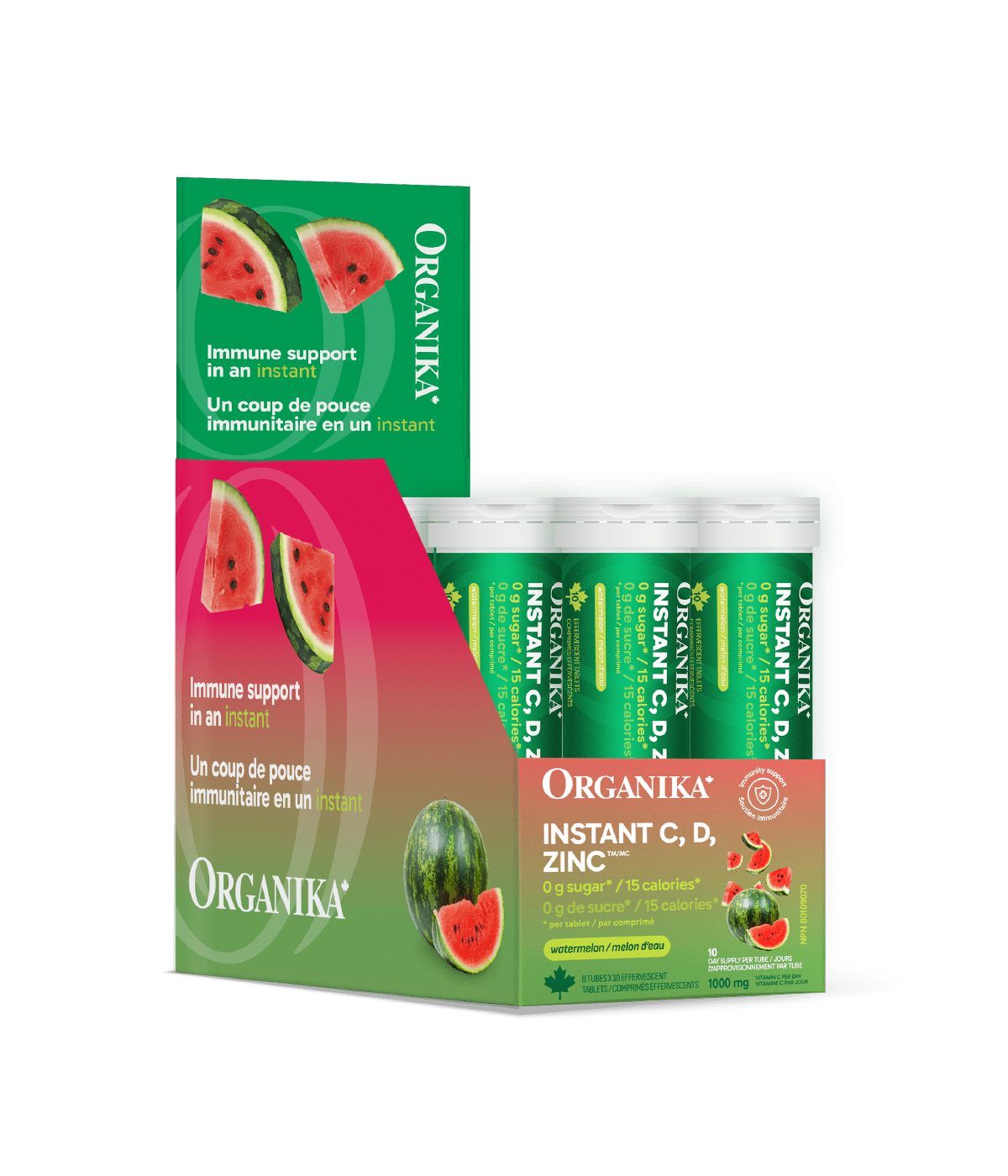 Instant C, D, Zinc Immunity Effervescent - Watermelon - Box (8 Tubes) - Organika Health Products