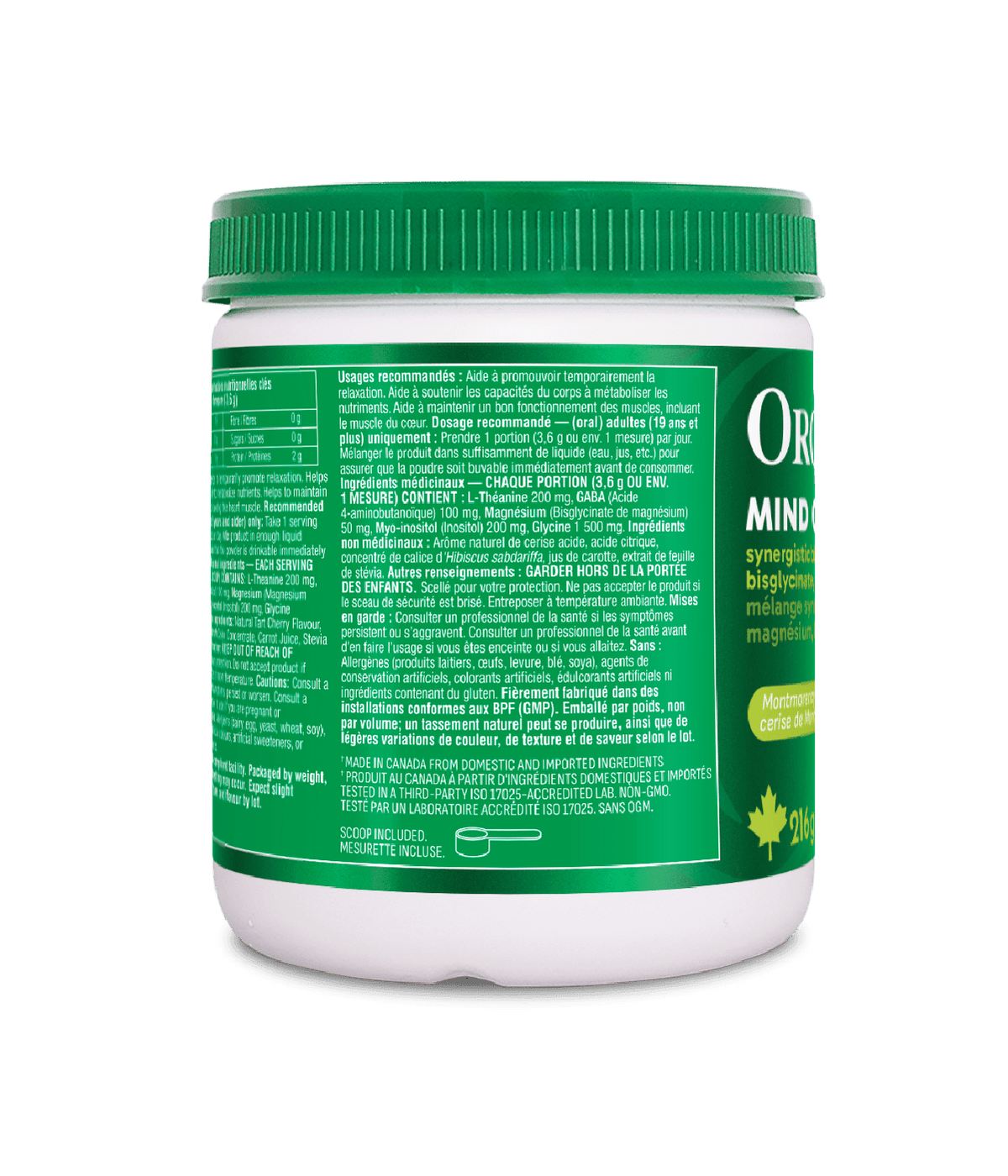 Mind Calm Powder with Magnesium Bisglycinate & L-Theanine - Montmorency Cherry - Organika Health Products