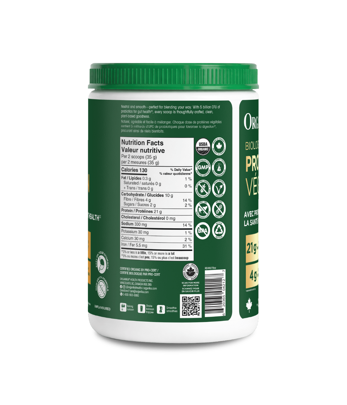 Organic Plant Protein with Probiotics for Gut Health - Unflavoured - 700 g - Organika Health Products