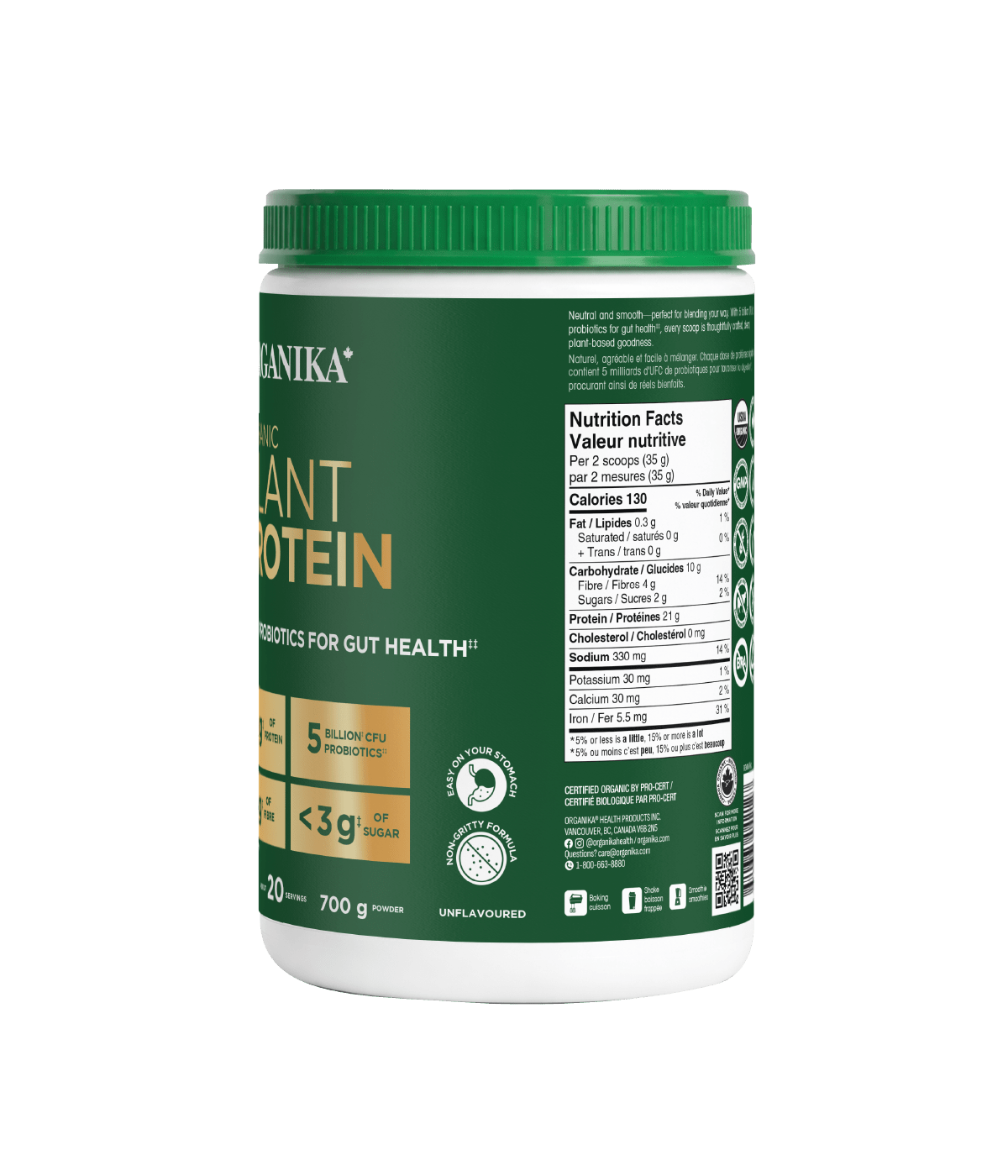 Organic Plant Protein with Probiotics for Gut Health - Unflavoured - 700 g - Organika Health Products
