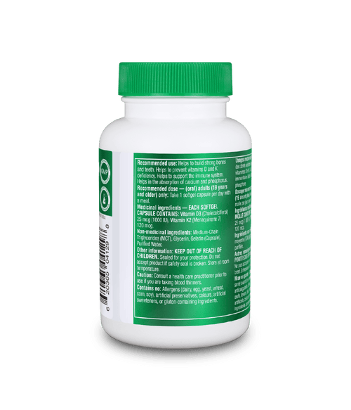 Vitamins D3 + K2 - 120 Softgel Capsules - Organika Health Products