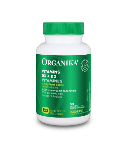 Vitamins D3 + K2 - 120 Softgel Capsules - Organika Health Products